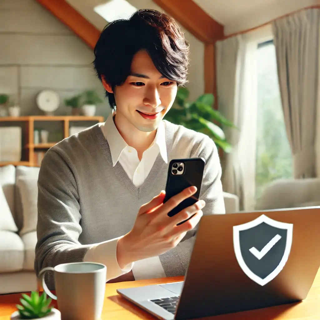 明るい部屋でノートパソコンやスマートフォンを使ってビデオ通話をしている日本人の画像