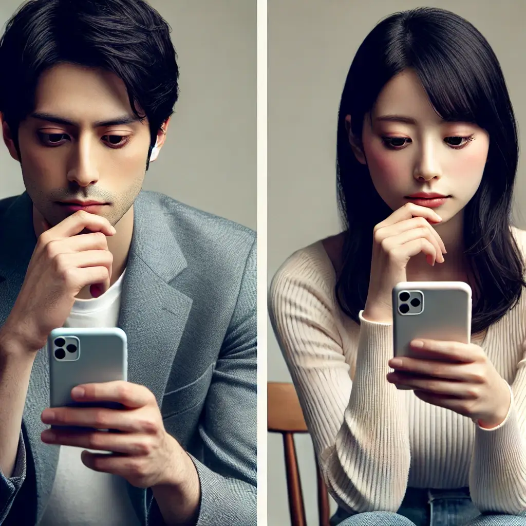 日本人の男性と女性が別々にスマートフォンを持ち、メッセージを送信するかどうか決めかねている様子の画像