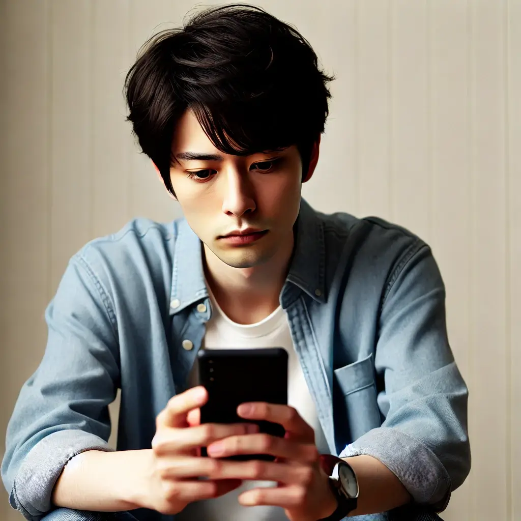 出会い系アプリでどのように返答してよいか分からない様子でスマートフォンを見ている日本人男性の画像。