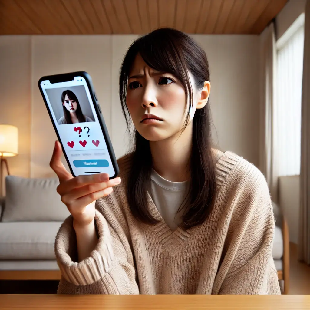 日本人の人物がスマートフォンを見ながら困惑した表情を浮かべている
