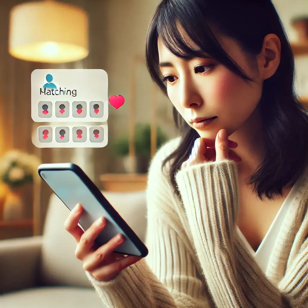 本人の人物がスマートフォンでマッチングアプリを操作しながら考え込んでいる様子