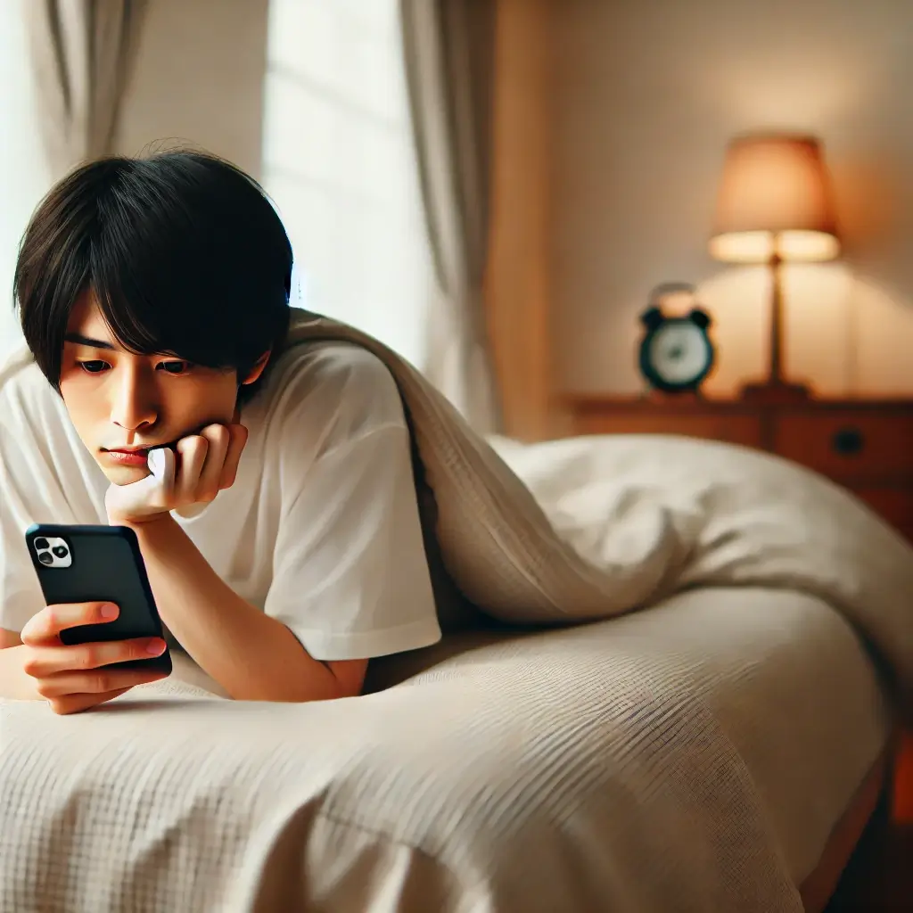 日本人の人物がベッドに横たわりながらスマートフォンを手に持ち、疲れた表情をしている画像
