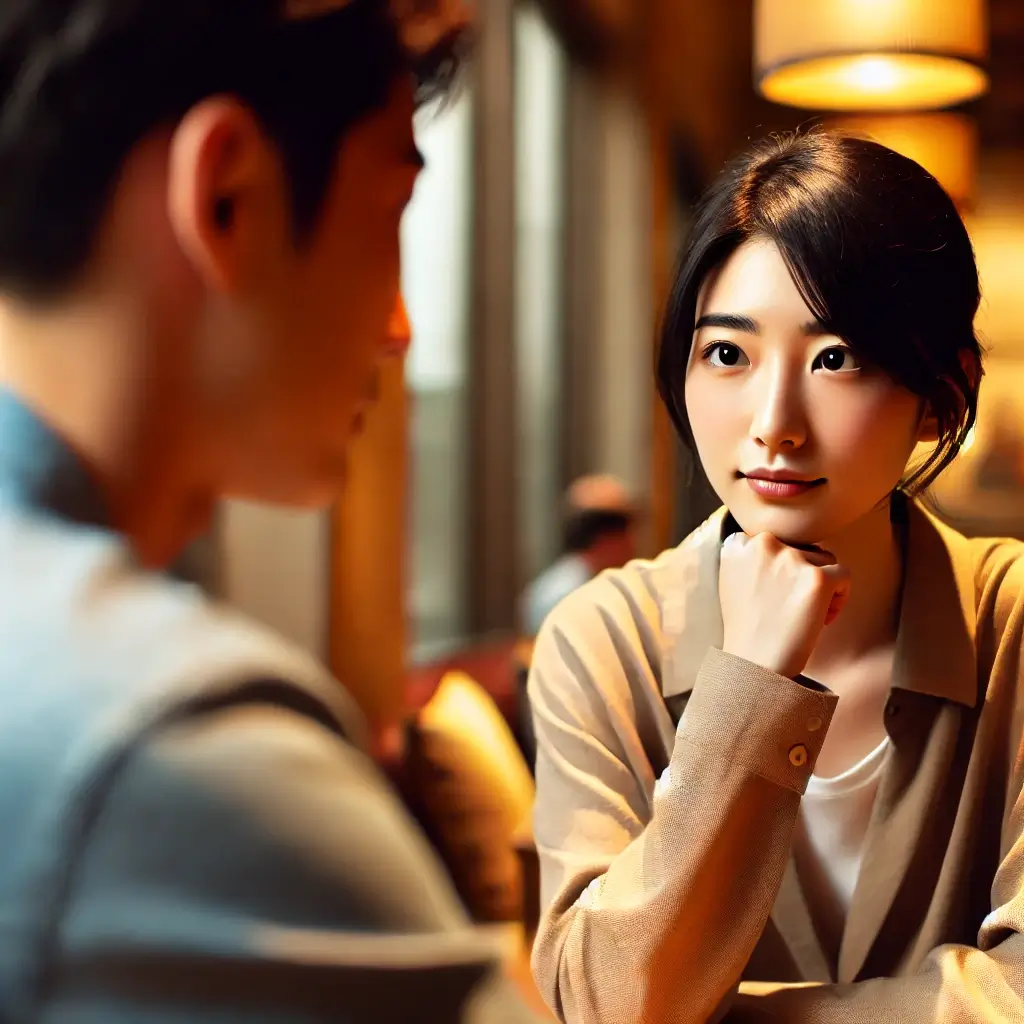カフェで向かい合って座る若い日本人の男女のシーン。女性は思案している様子で、男性の話に耳を傾けている。