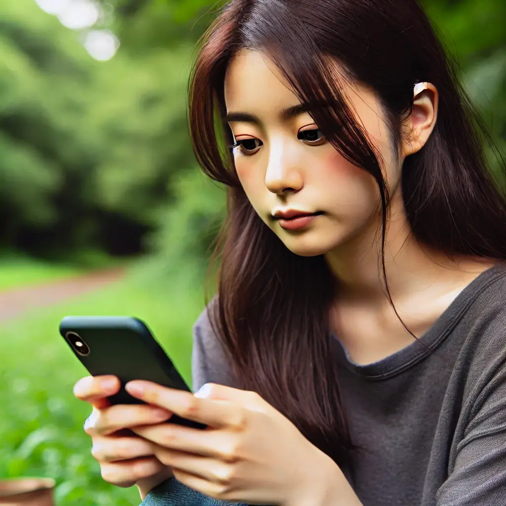 若い日本人女性が公園のベンチに座り、スマートフォンを見ながら遠くを見つめるシーン