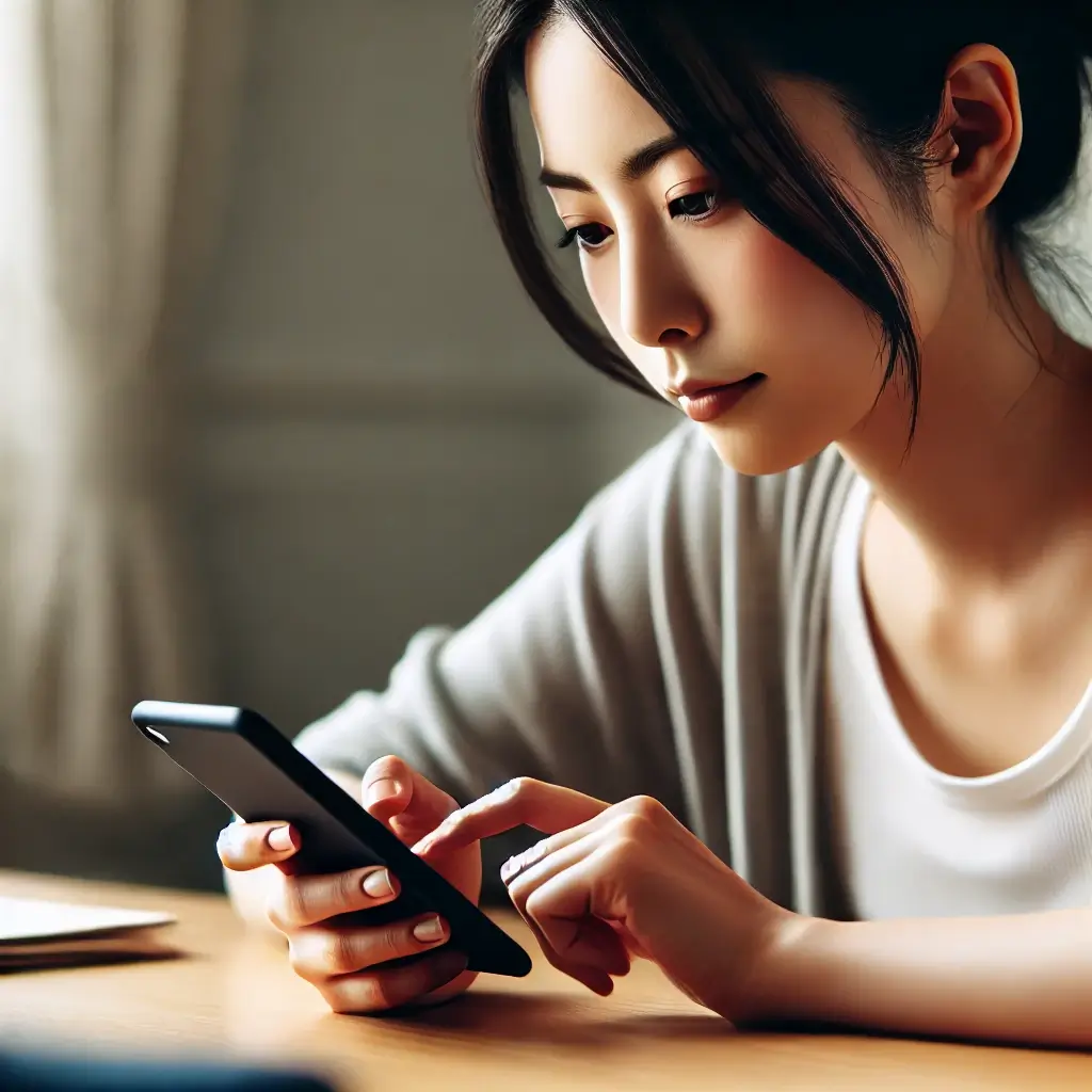 若い日本人女性が机に座り、集中した表情でスマートフォンを操作しているシーン。