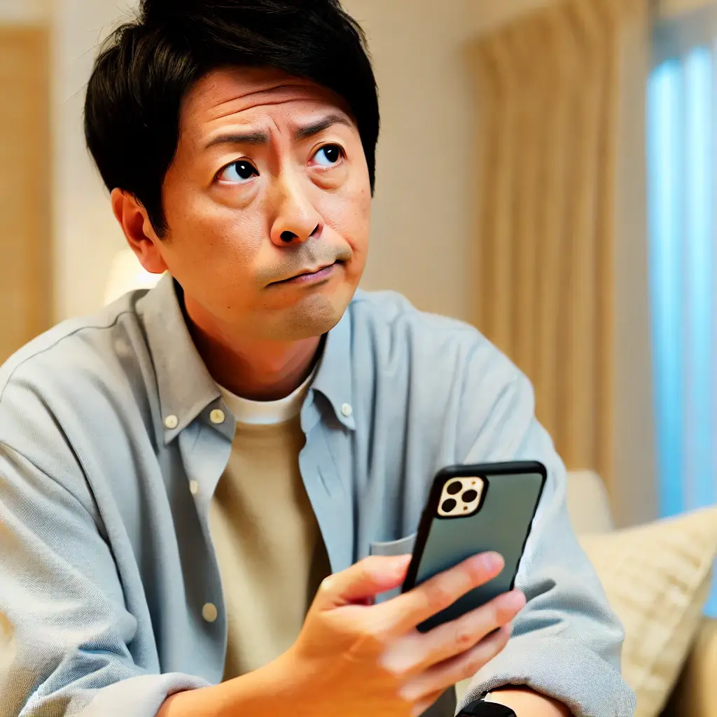 考え込む男性他のイメージ画像。スマートフォンを手に持ちながら、会話に困っているように考え込んでいる日本人男性の画像