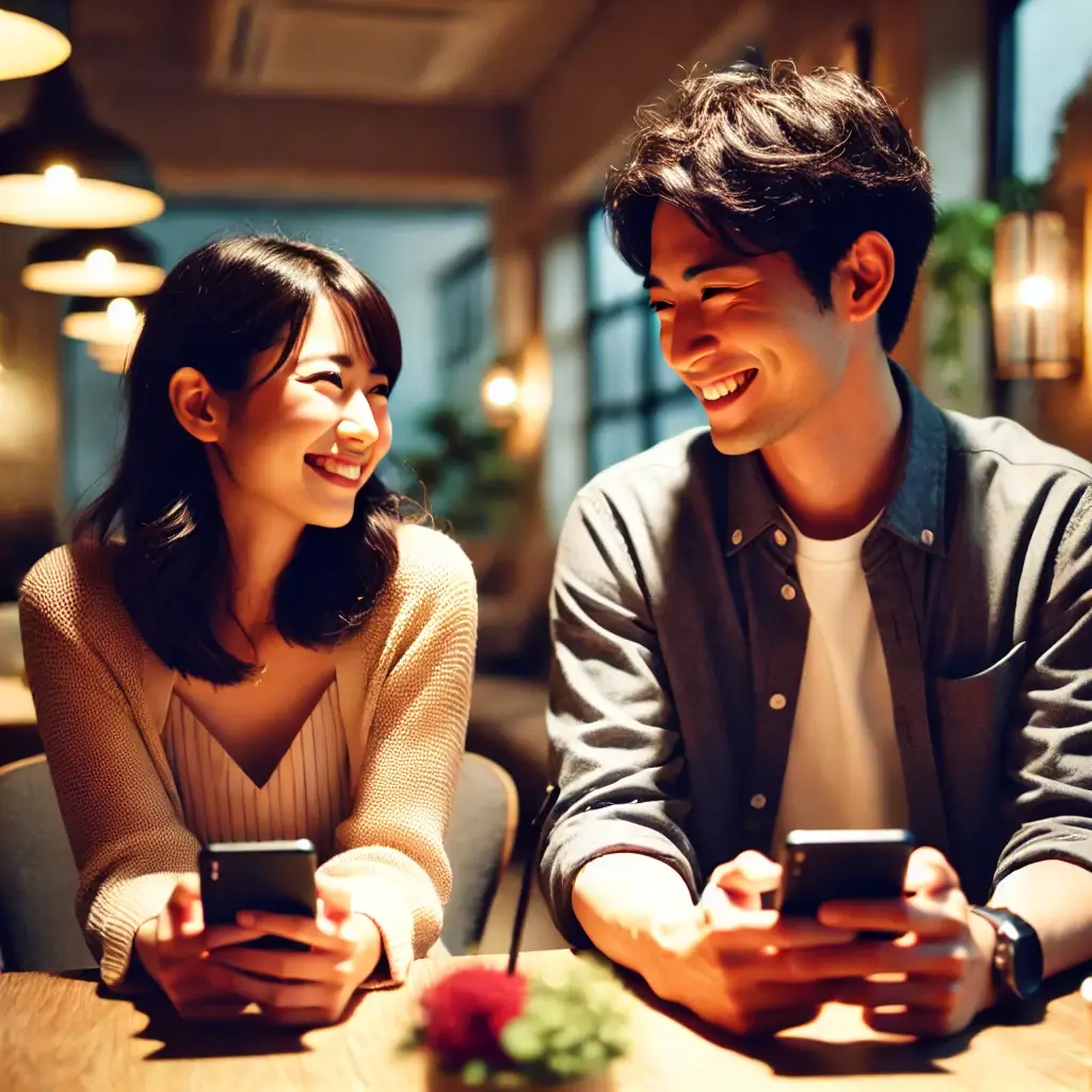 カフェデートを楽しむカップル。カフェでデートを楽しんでいる日本人カップルの画像