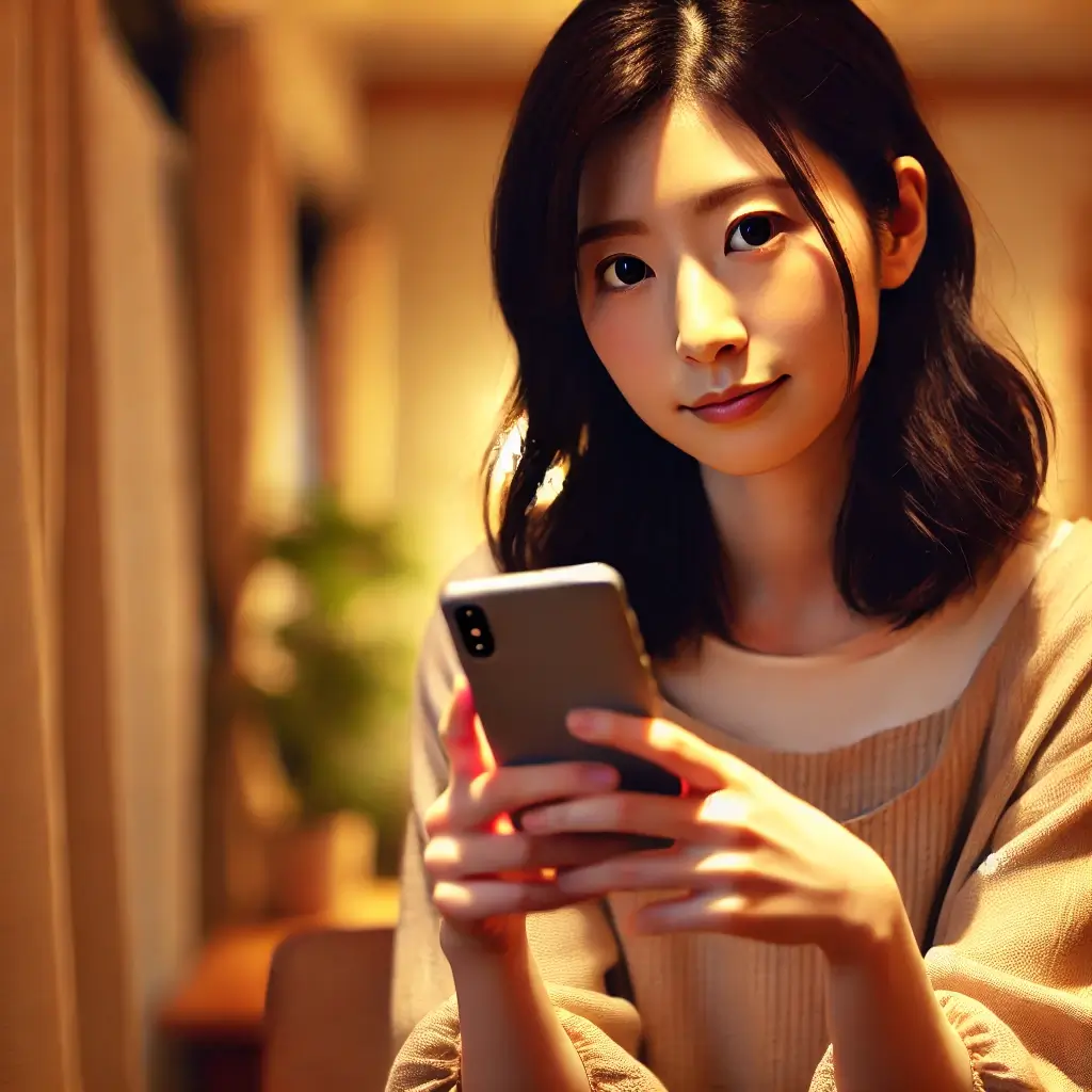 会話に自信のない女性。スマートフォンを見つめ、会話を始めるのに躊躇している日本人女性の画像