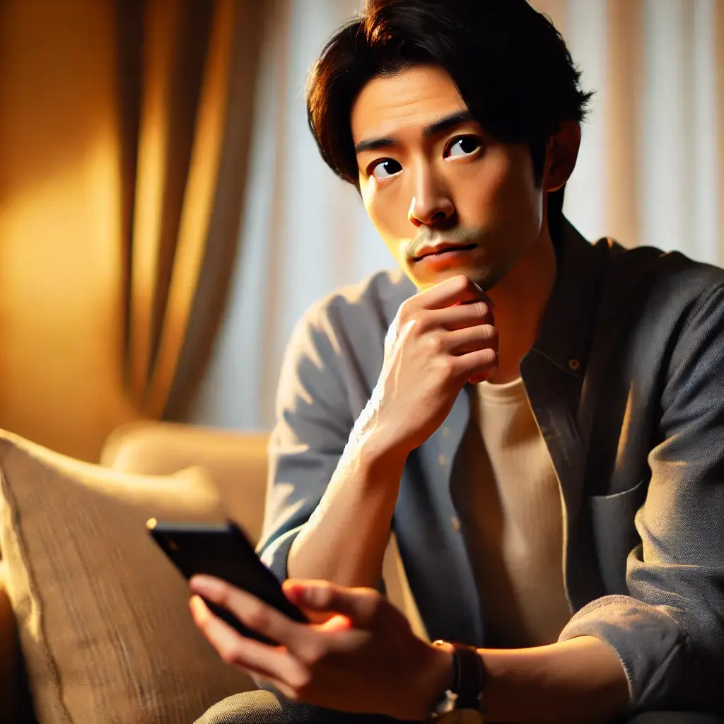 考え込む男性。スマートフォンを手に持ちながら、会話に困っているように考え込んでいる日本人男性の画像