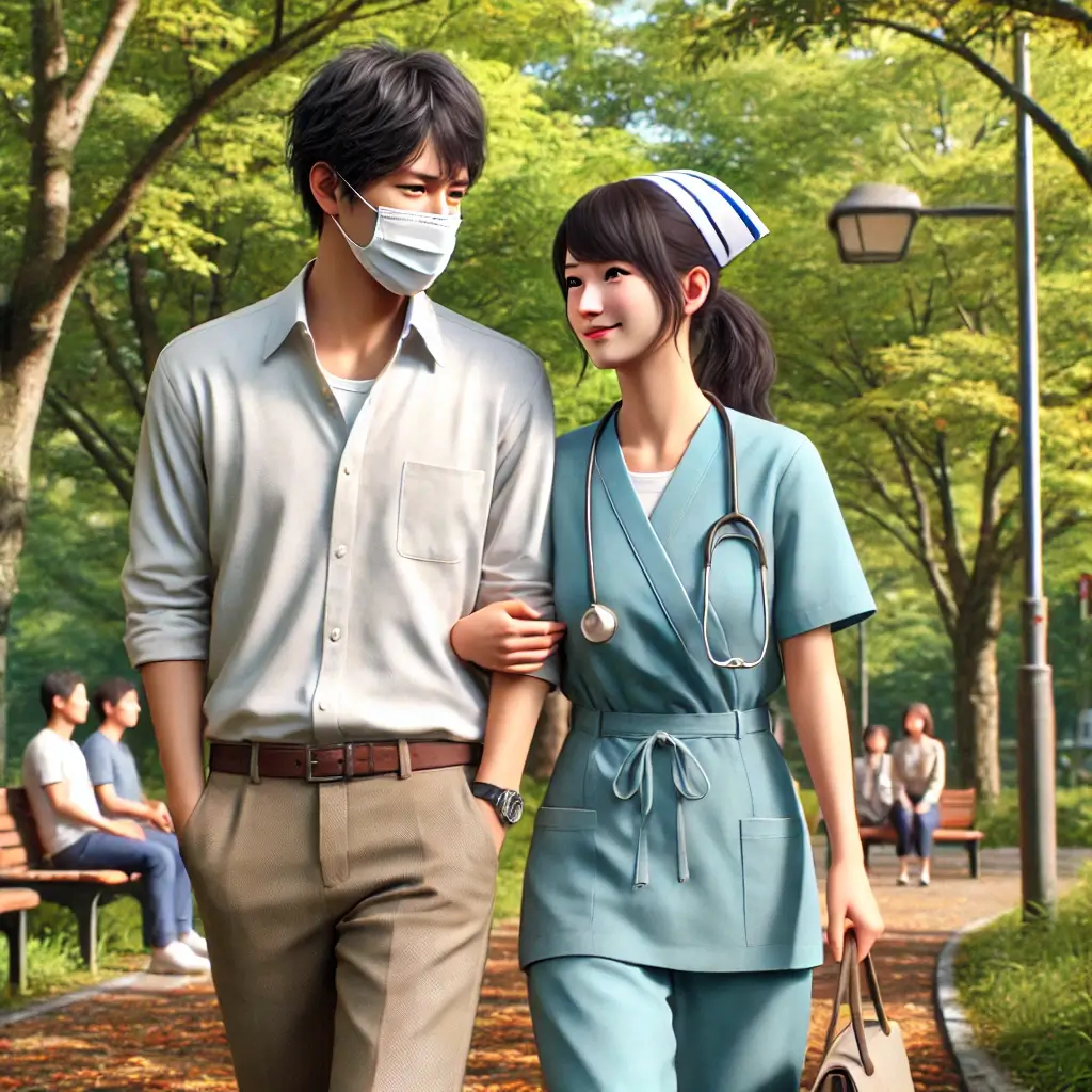 日本人のカップルが公園で散歩をしている様子。女性は看護師だが、このシーンではカジュアルな服装をしており、忙しいキャリアとプライベートのバランスの大切さが感じられます。