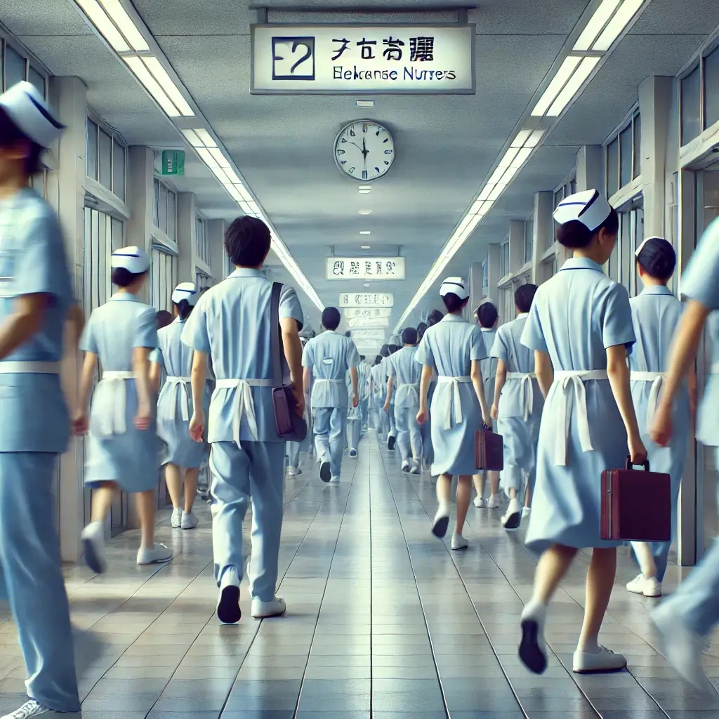病院の廊下を日本人看護師たちが忙しそうに歩き回る様子。緊迫感があり、医療現場の忙しさとストレスフルな環境を表現しています。