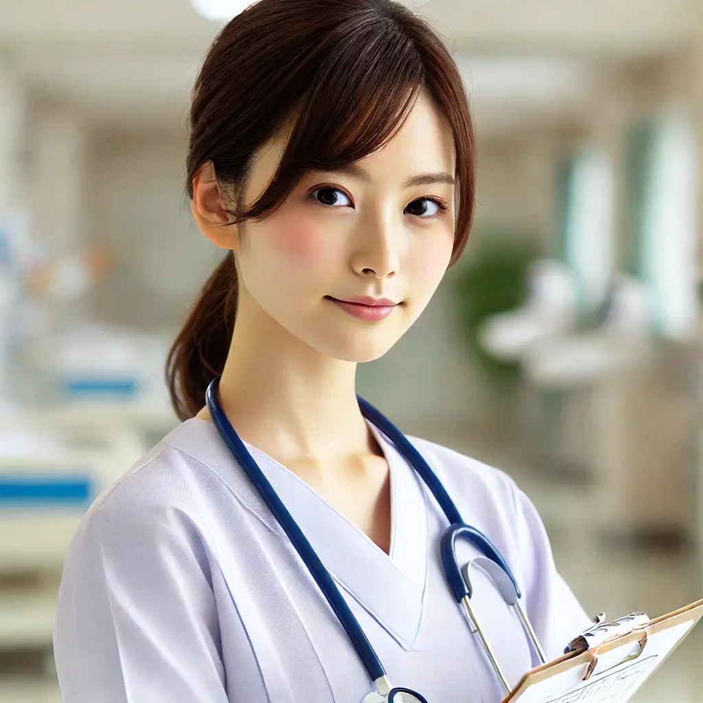 日本人の女性看護師が病院の一角で、落ち着いた表情でクリップボードを持ちながら忙しく働いているシーン。看護師の仕事の過酷さや責任感を表しています。