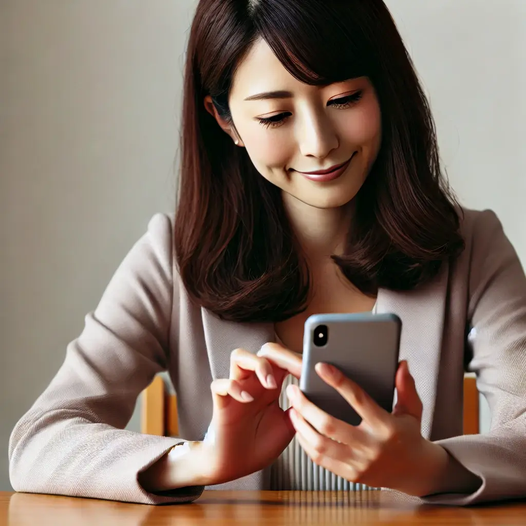 前向きで希望に満ちた表情で携帯電話にメッセージを入力している日本人女性