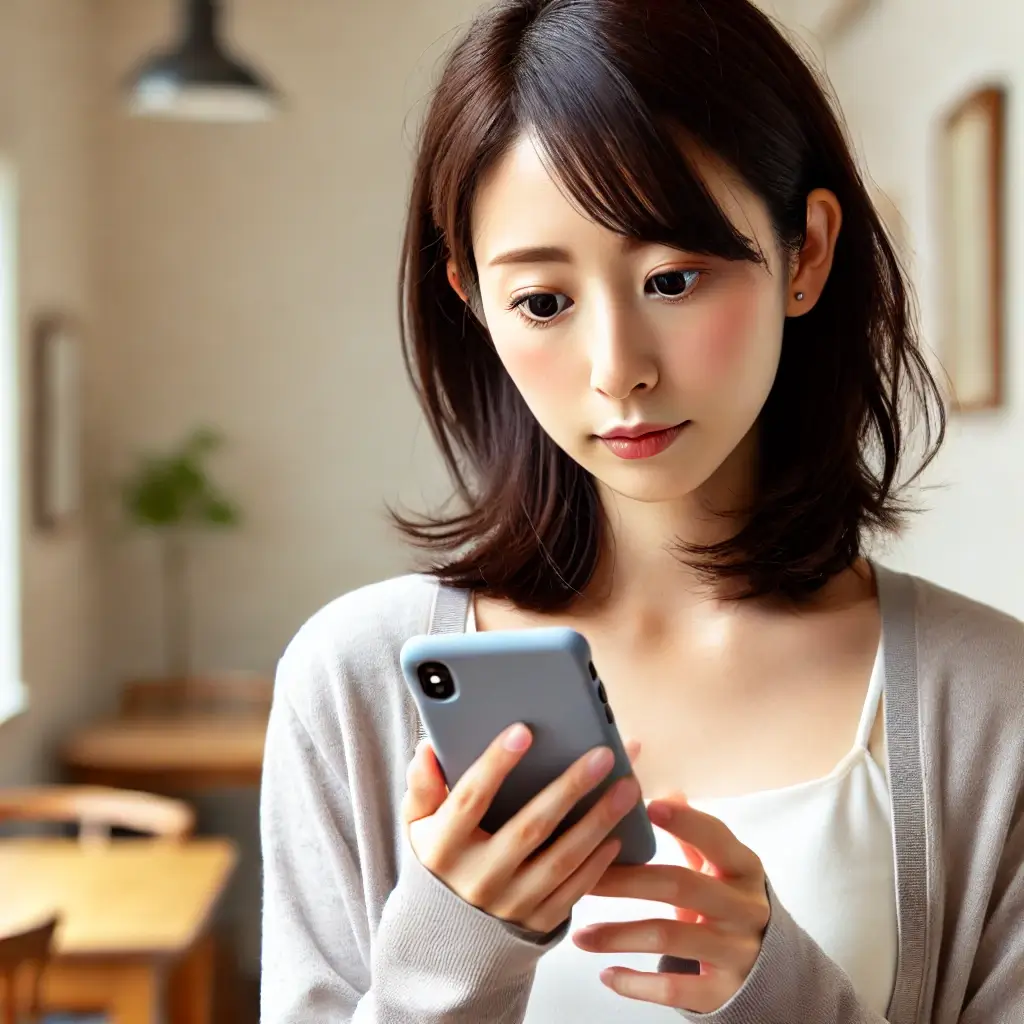 日本人の女性がスマートフォンを見て、カジュアルなメッセージに対して少し驚きや困惑の表情を見せる場面