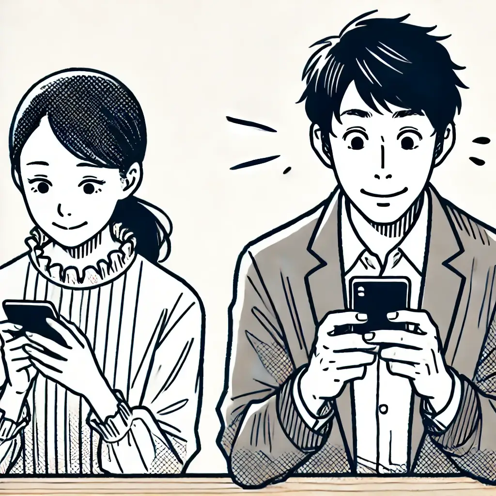 日本人の男女がテーブルを挟んでスマートフォンを見ながら会話し、男性がカジュアルに接しようとする様子。
