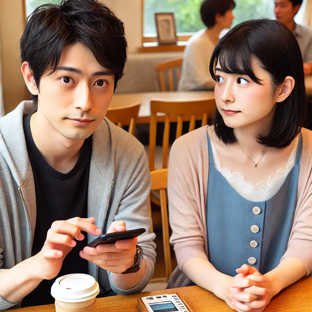 日本人の男女がカフェで座り、男性がタメ口を使おうとし、女性が少し戸惑っている場面