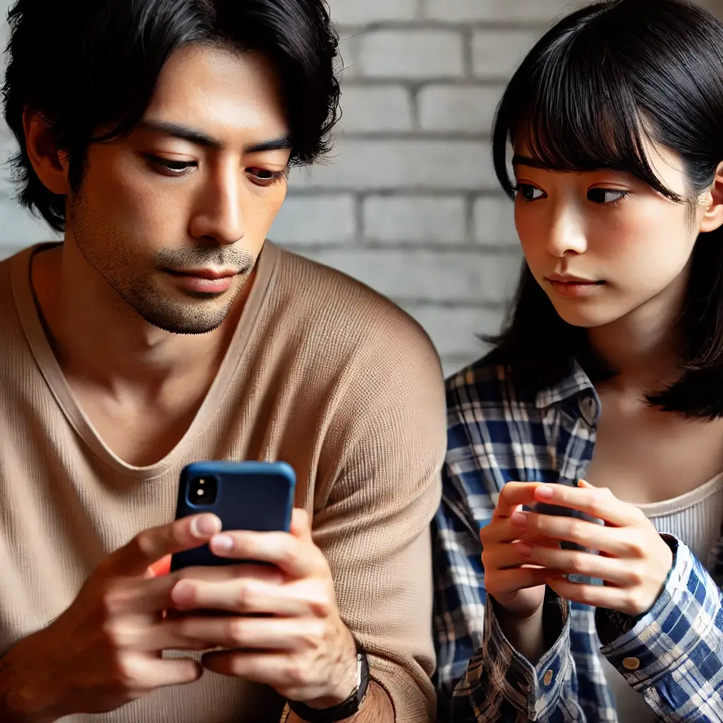 日本人の男女がスマートフォンでメッセージを交換し、ぎこちなく不安そうな様子