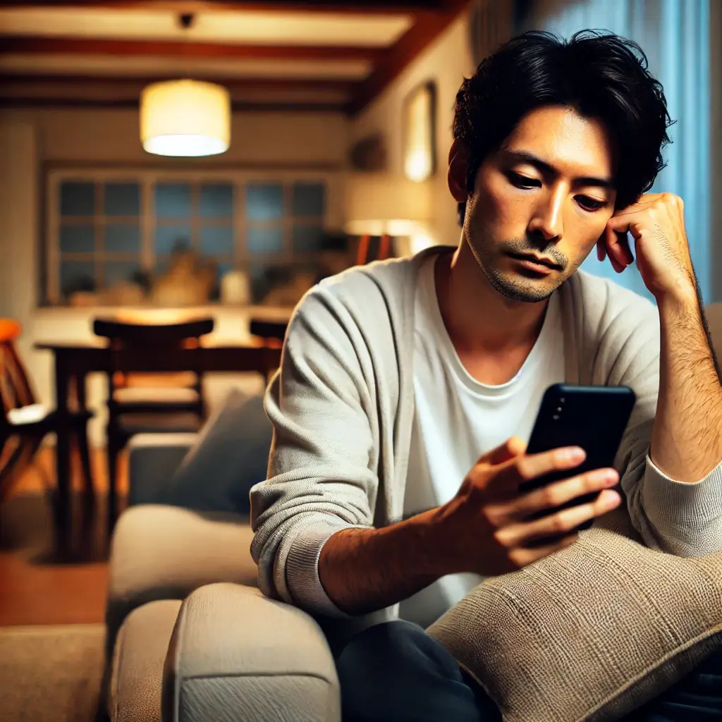 日本人男性がソファに座り、疲れた様子でスマートフォンを閉じる瞬間。背景にはリビングルームが広がり、彼が休息を取ろうとしている様子が描かれている。