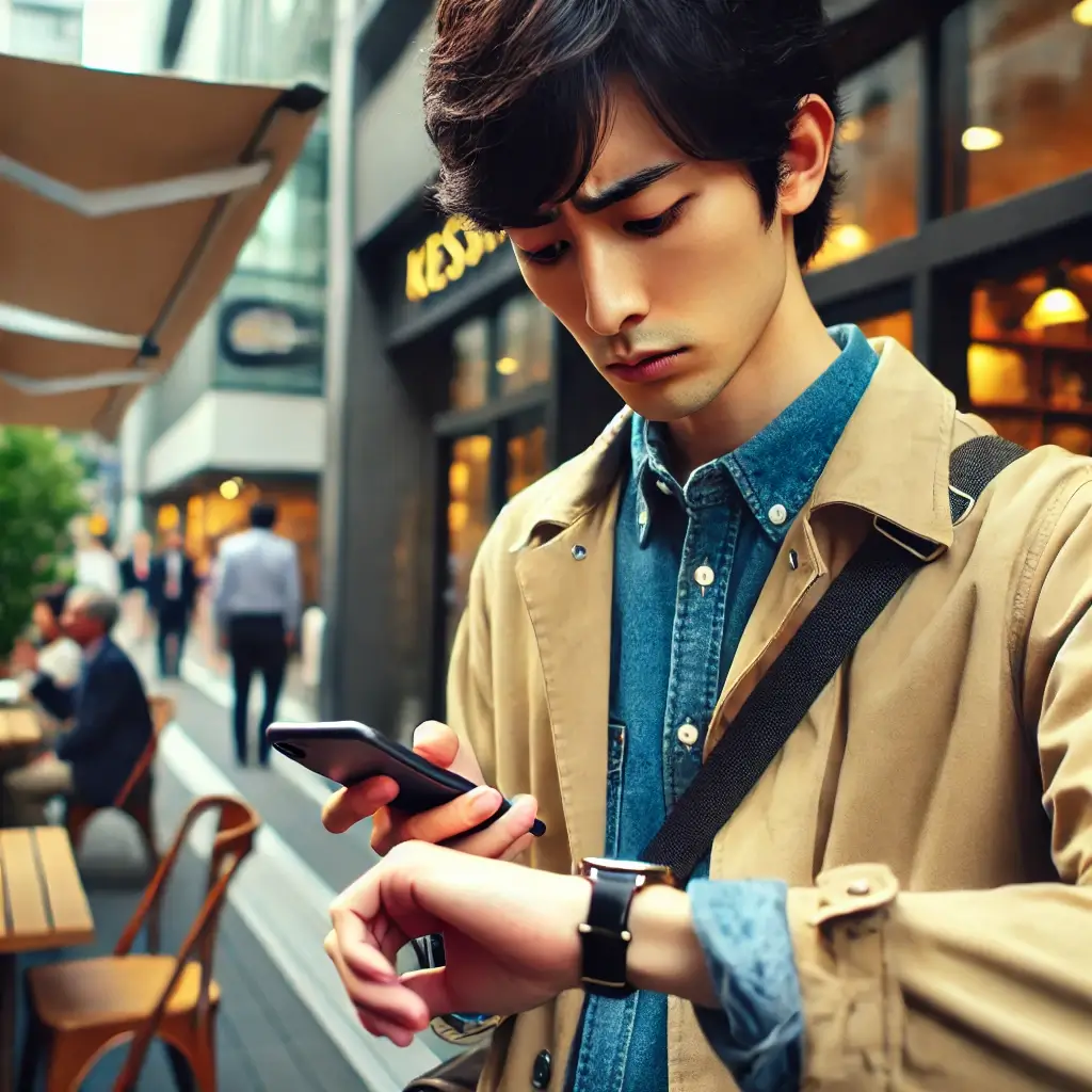 カフェの外で時間を気にしながらスマホを確認する日本人男性。周りには人がいるが、その男性だけが一人で待っている様子。少し不安そうな表情で、時計を何度も確認しているシーン。