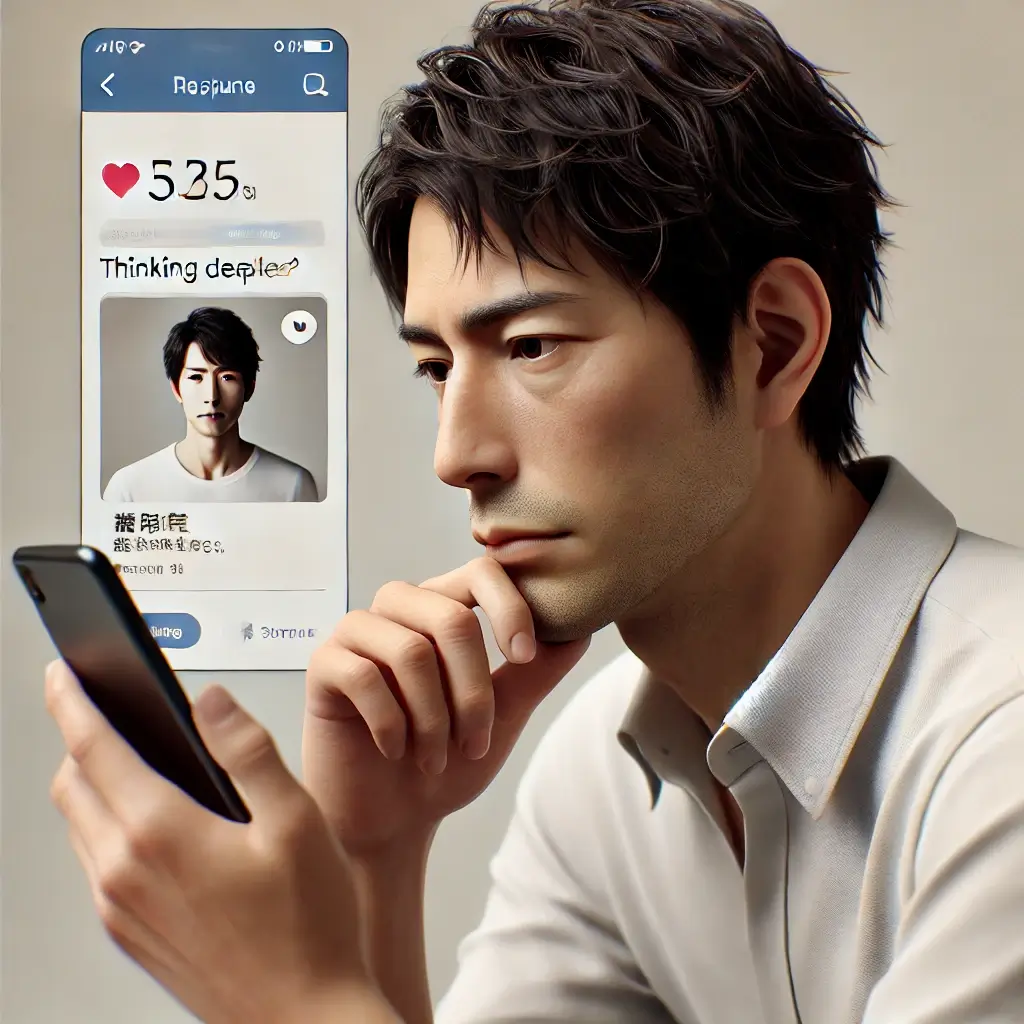 日本人男性がスマートフォンの画面を見ながら、真剣にメッセージを考えているシーン。彼の視線はプロフィール写真に向けられており、思案している表情。
