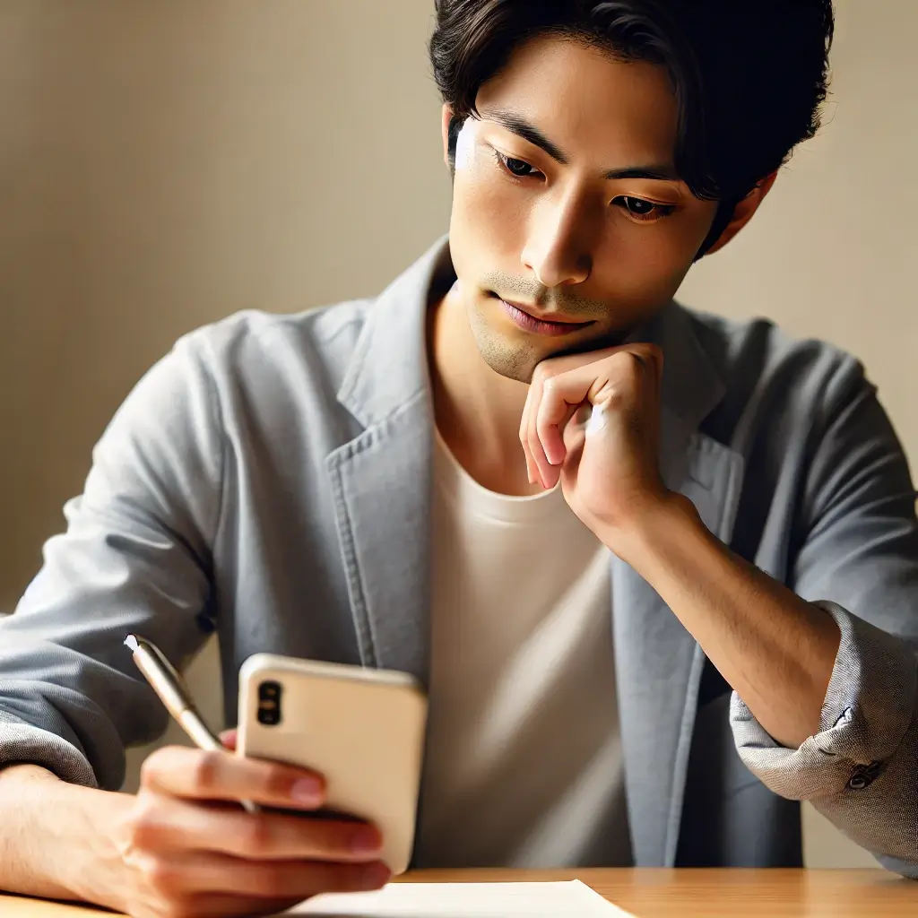 デスクでメモを取りながら、スマートフォンを操作する日本人男性。考え込んでいる表情