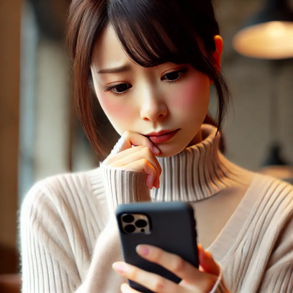 日本人女性がメッセージを読んで、少し困惑したり、戸惑った表情を浮かべているシーン。背景はオフィスやカフェなど、日常的な場所。