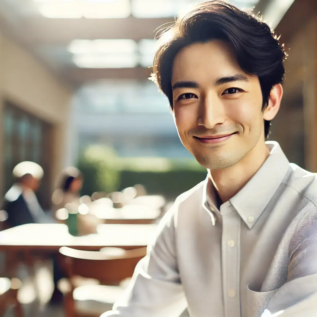 自然光が入るカフェのテラスで、日本人の男性がリラックスした表情で微笑んでいる写真。背景はシンプルで、清潔感があり、プロが撮影したような高品質な仕上がり。
