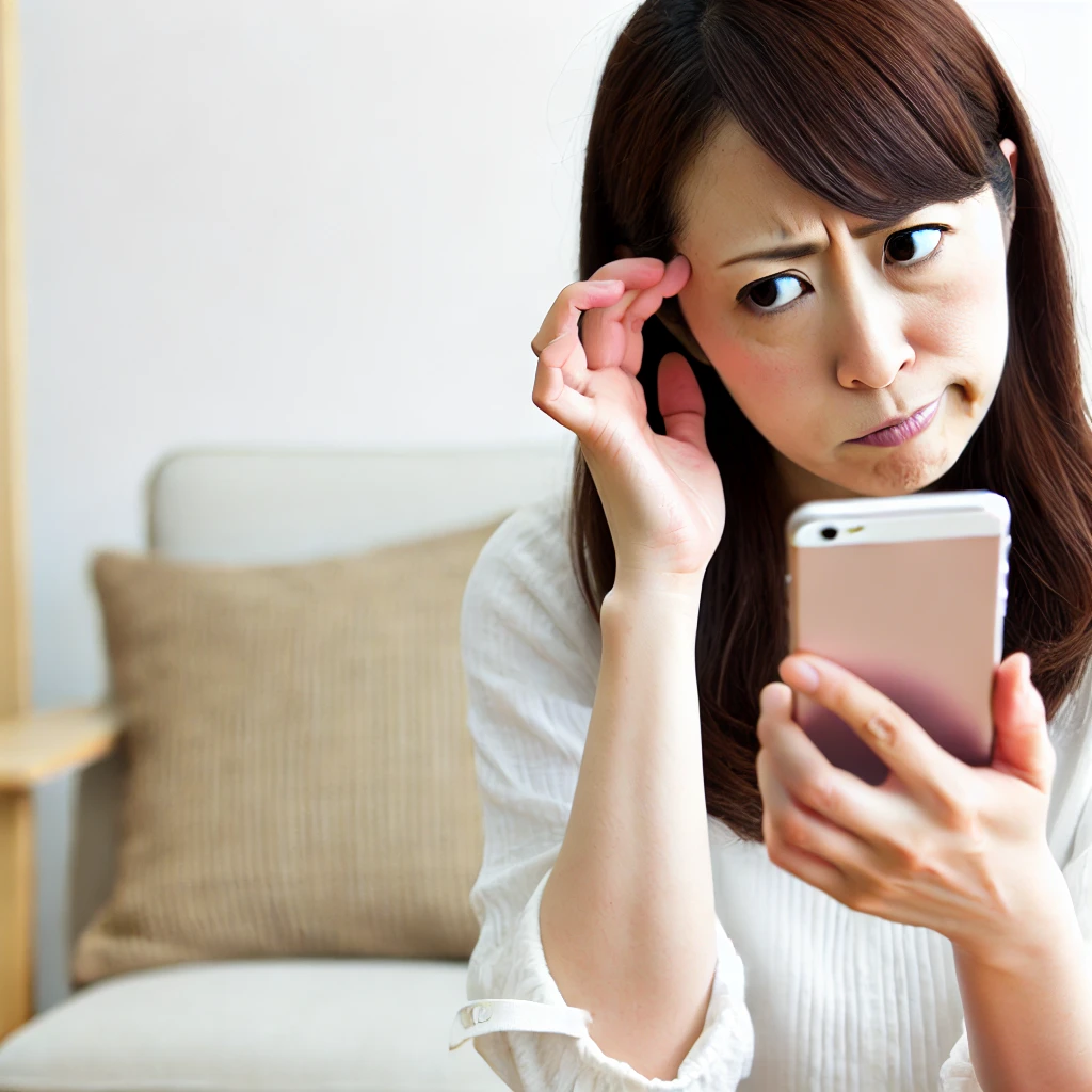 日本人の女性が自宅のリビングでスマートフォンを見ながら、困惑した表情をしているシーン。男性が質問をしてこないことに少し不満を感じている様子。落ち着いた室内で、彼女はメッセージを待っている。