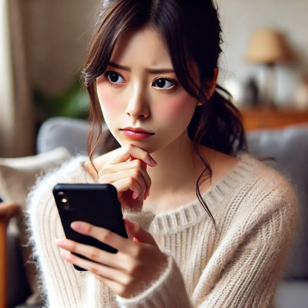 スマートフォンを見つめながら、少し困惑した表情をしている若い日本人女性。背景は自宅のリビングで、リラックスした雰囲気だが、画面を見ながら「恋愛感情がわかない」という悩みを抱えている様子。